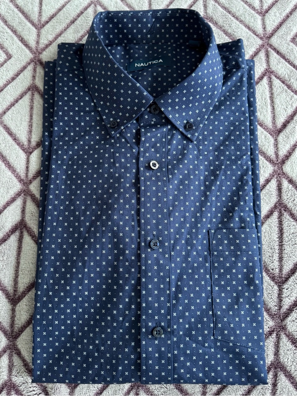 Nautica Navy Blue Microprint Button-Up Short Sleeve Cotton Collar Shirt Size L